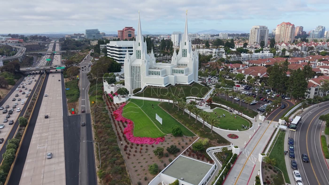 Frontal View of the San Diego California Temple’s White Spires and Grounds – Elevated Perspective