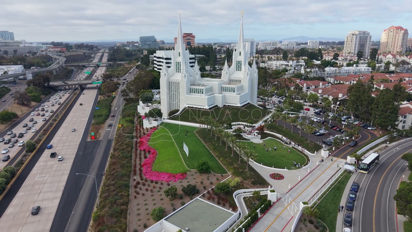 Frontal View of the San Diego California Temple’s White Spires and Grounds – Wide Establishing Frame