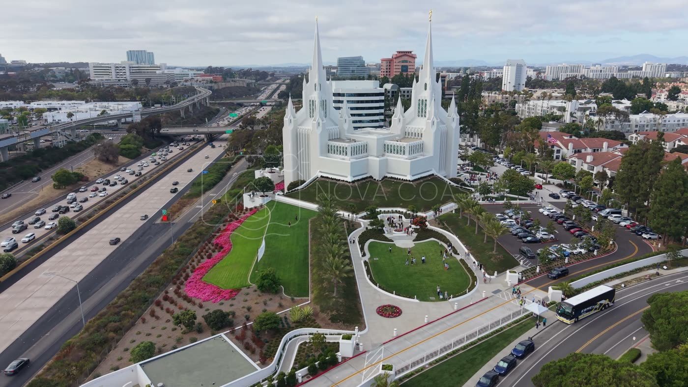 Frontal View of the San Diego California Temple’s White Spires and Grounds – Golden Hour Frame