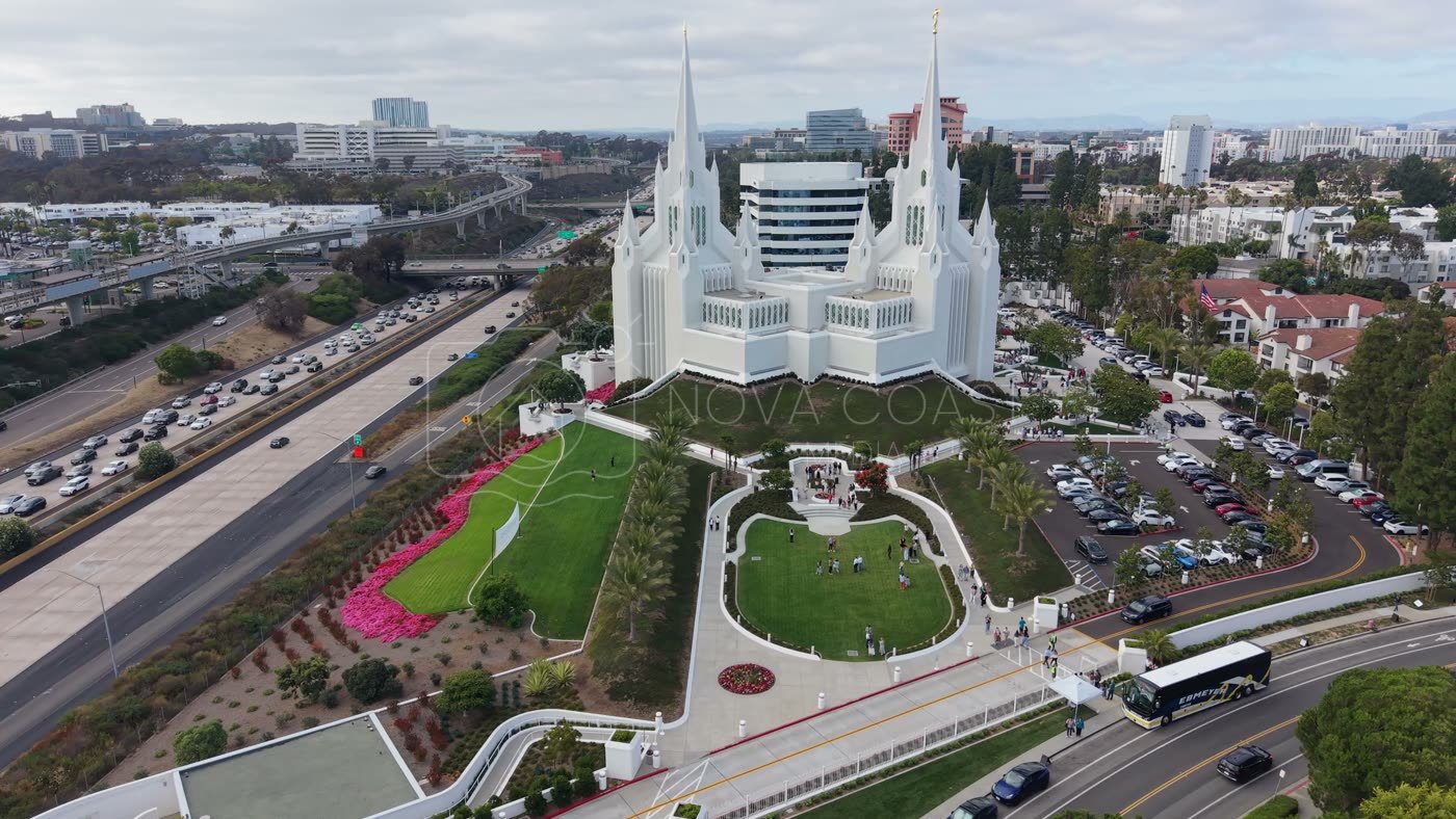 Frontal View of the San Diego California Temple’s White Spires and Grounds – High-Angle Panorama