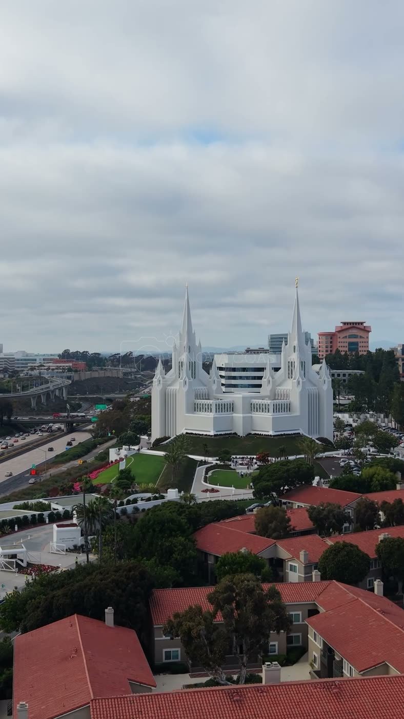 San Diego Temple Rising Beyond University City Rooftops – Elevated Perspective (Vertical)
