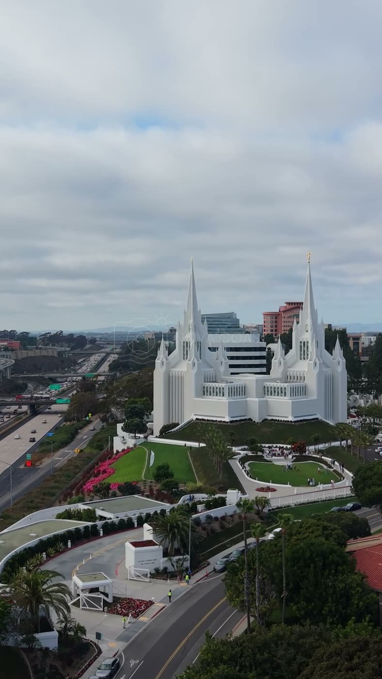 San Diego Temple Rising Beyond University City Rooftops – Overhead Detail (Vertical)