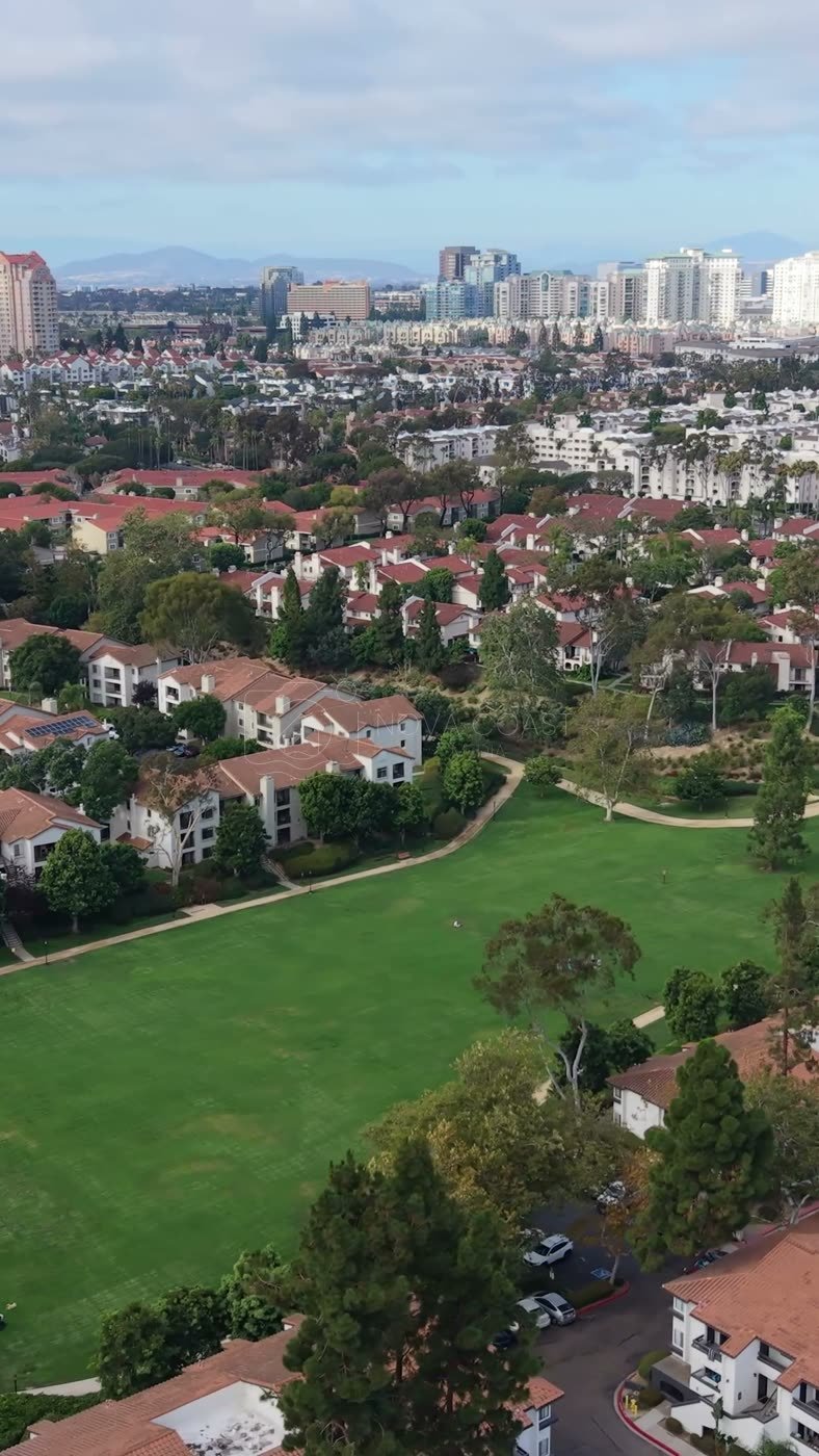 University City Neighborhood and Green Belt Beneath the UTC Skyline – Elevated Perspective (Vertical)