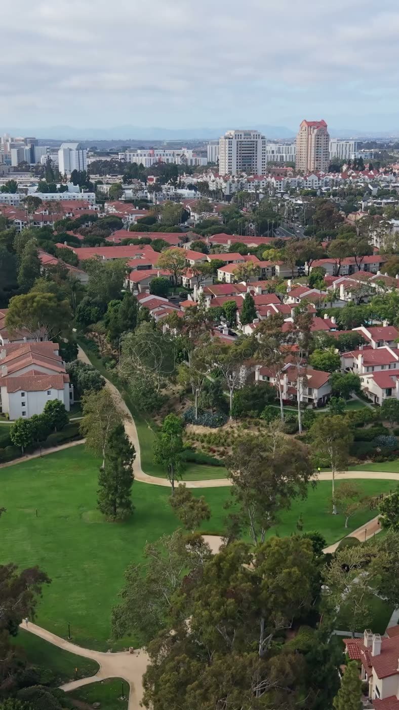 University City Neighborhood and Green Belt Beneath the UTC Skyline – High-Angle Panorama (Vertical)