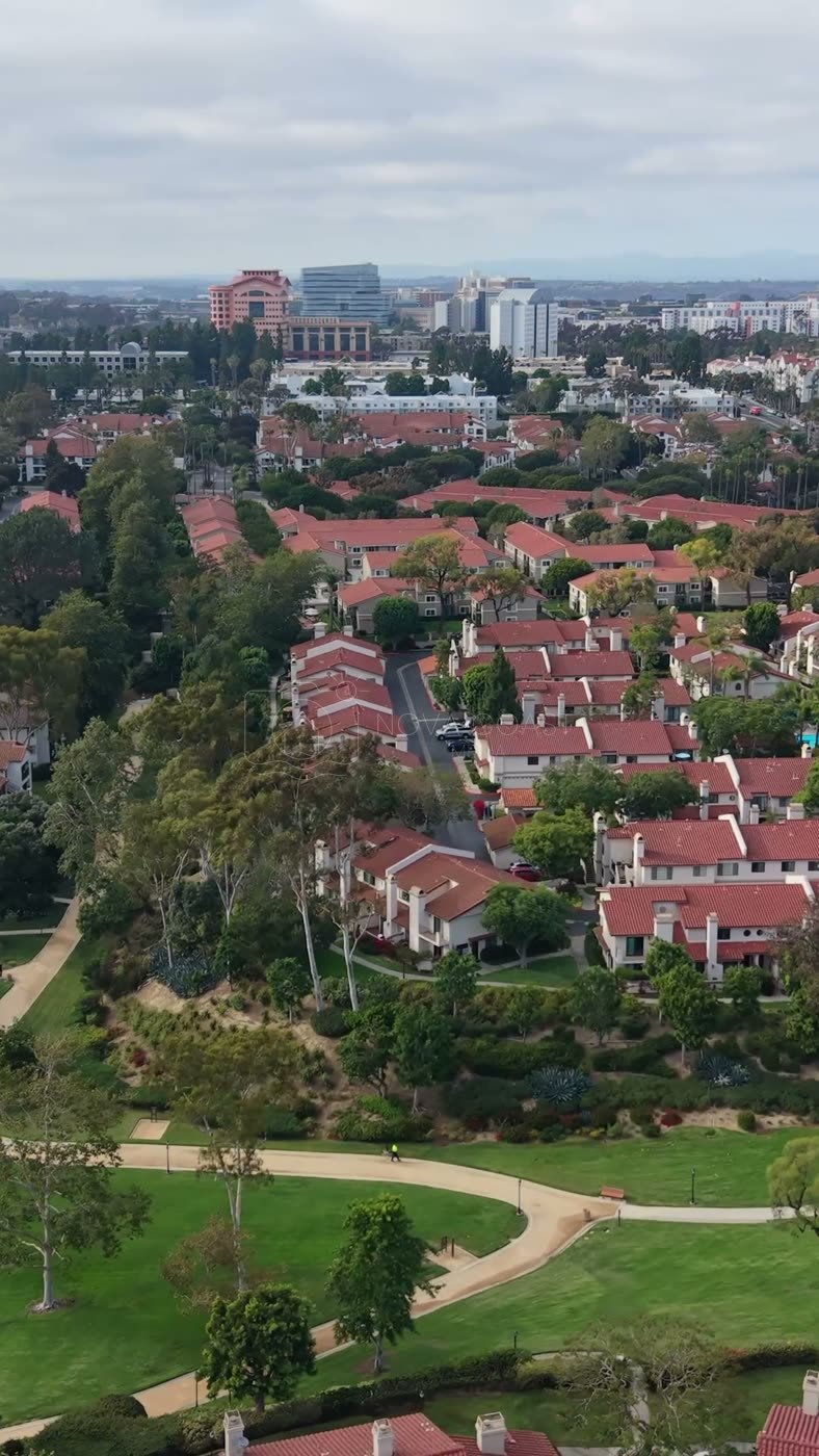 University City Neighborhood and Green Belt Beneath the UTC Skyline – Birdseye Composition (Vertical)