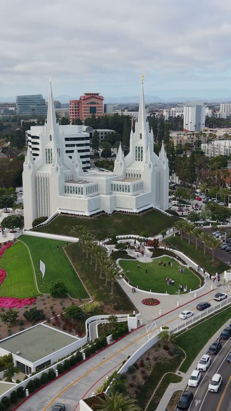 San Diego California Temple and Gardens Beside the I-5 Freeway – Aerial View (Vertical)