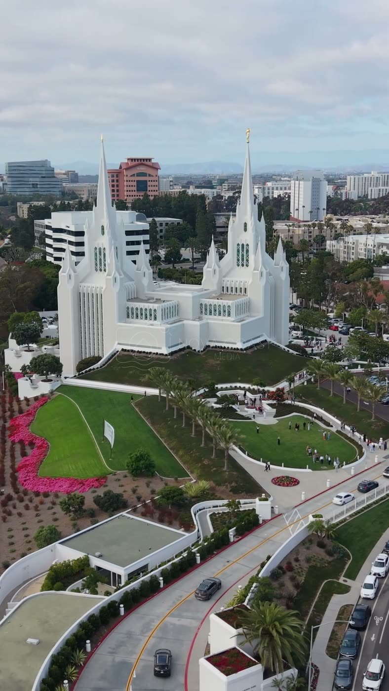San Diego California Temple and Gardens Beside the I-5 Freeway – Elevated Perspective (Vertical)
