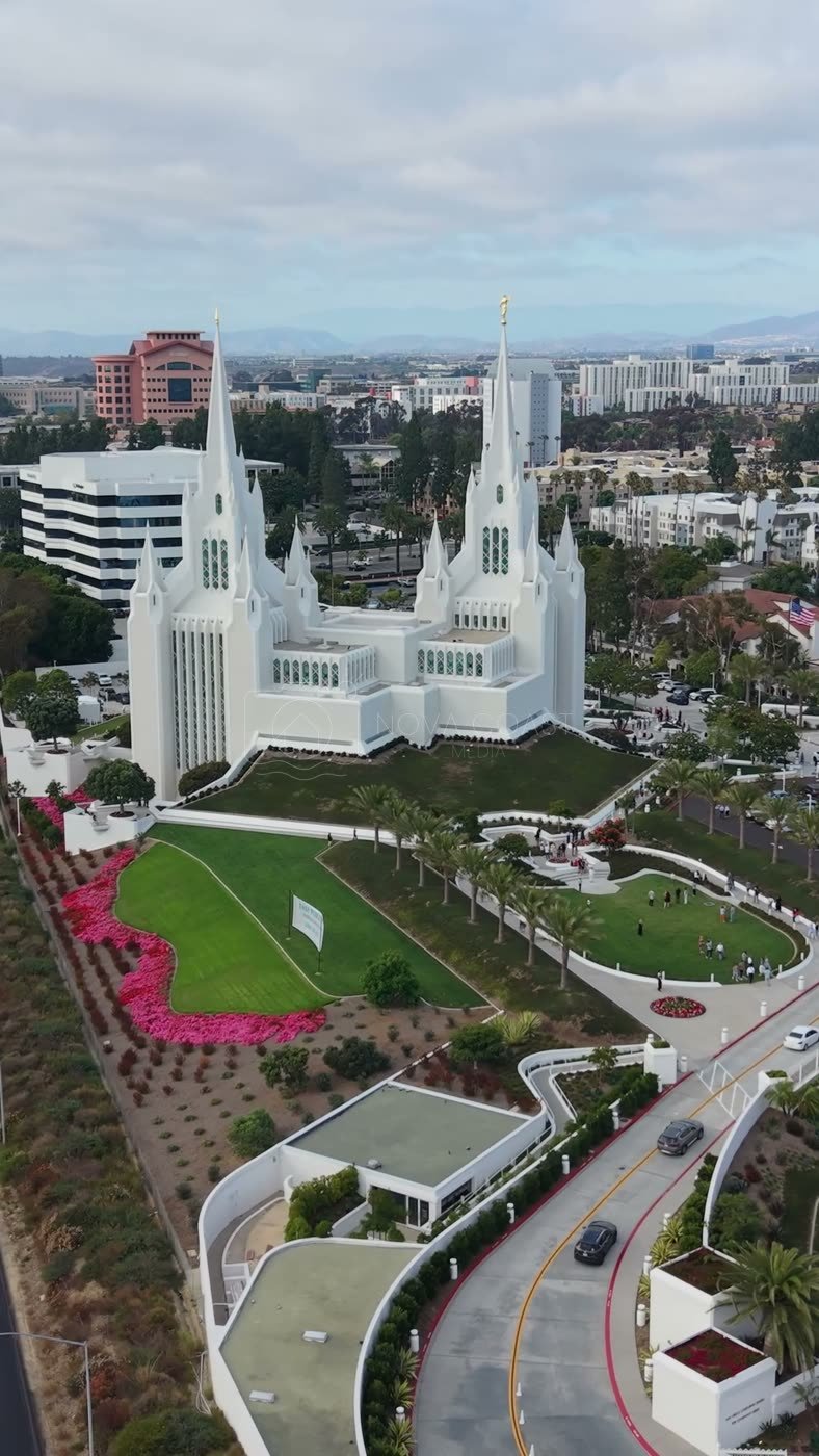San Diego California Temple and Gardens Beside the I-5 Freeway – Wide Establishing Frame (Vertical)