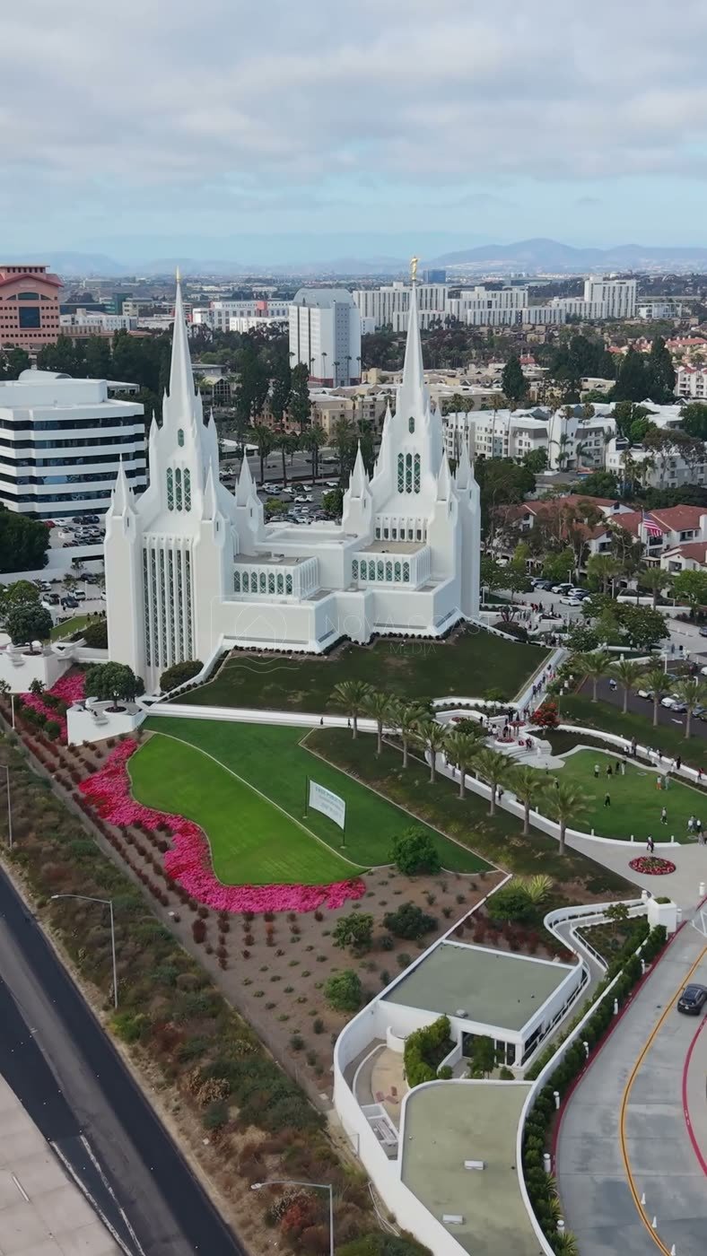 San Diego California Temple and Gardens Beside the I-5 Freeway – Overhead Detail (Vertical)