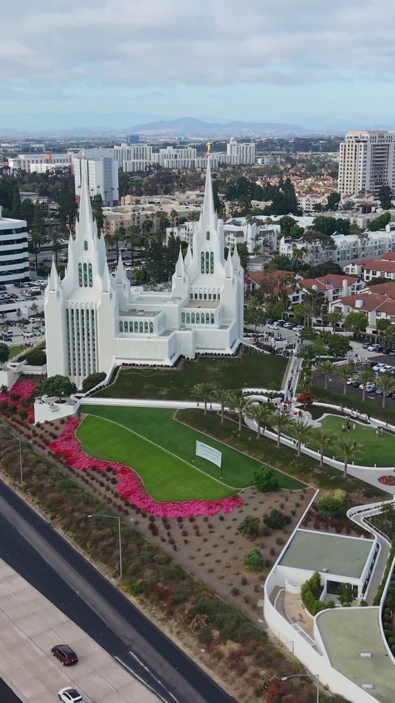 San Diego California Temple and Gardens Beside the I-5 Freeway – Golden Hour Frame (Vertical)