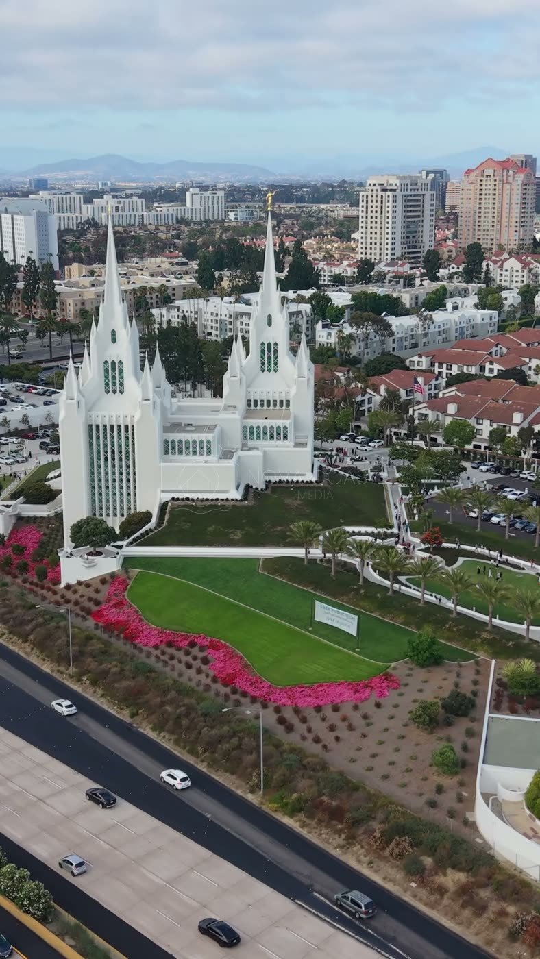 San Diego California Temple and Gardens Beside the I-5 Freeway – High-Angle Panorama (Vertical)