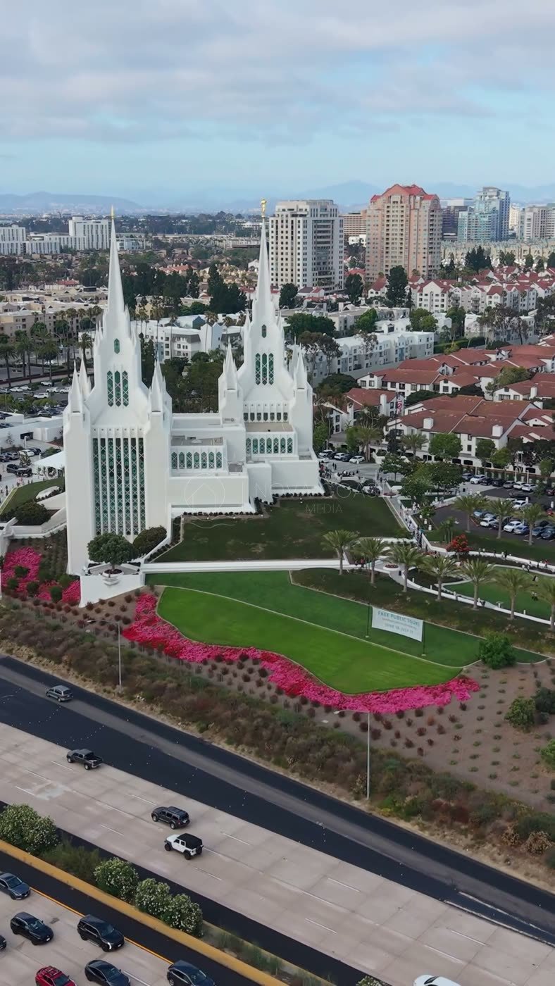 San Diego California Temple and Gardens Beside the I-5 Freeway – Cinematic Drone Angle (Vertical)
