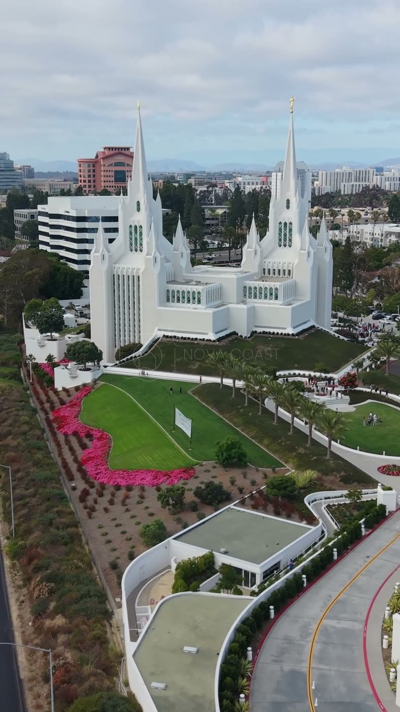 Twin-Spired San Diego Temple Above University City at Midday – Elevated Perspective (Vertical)
