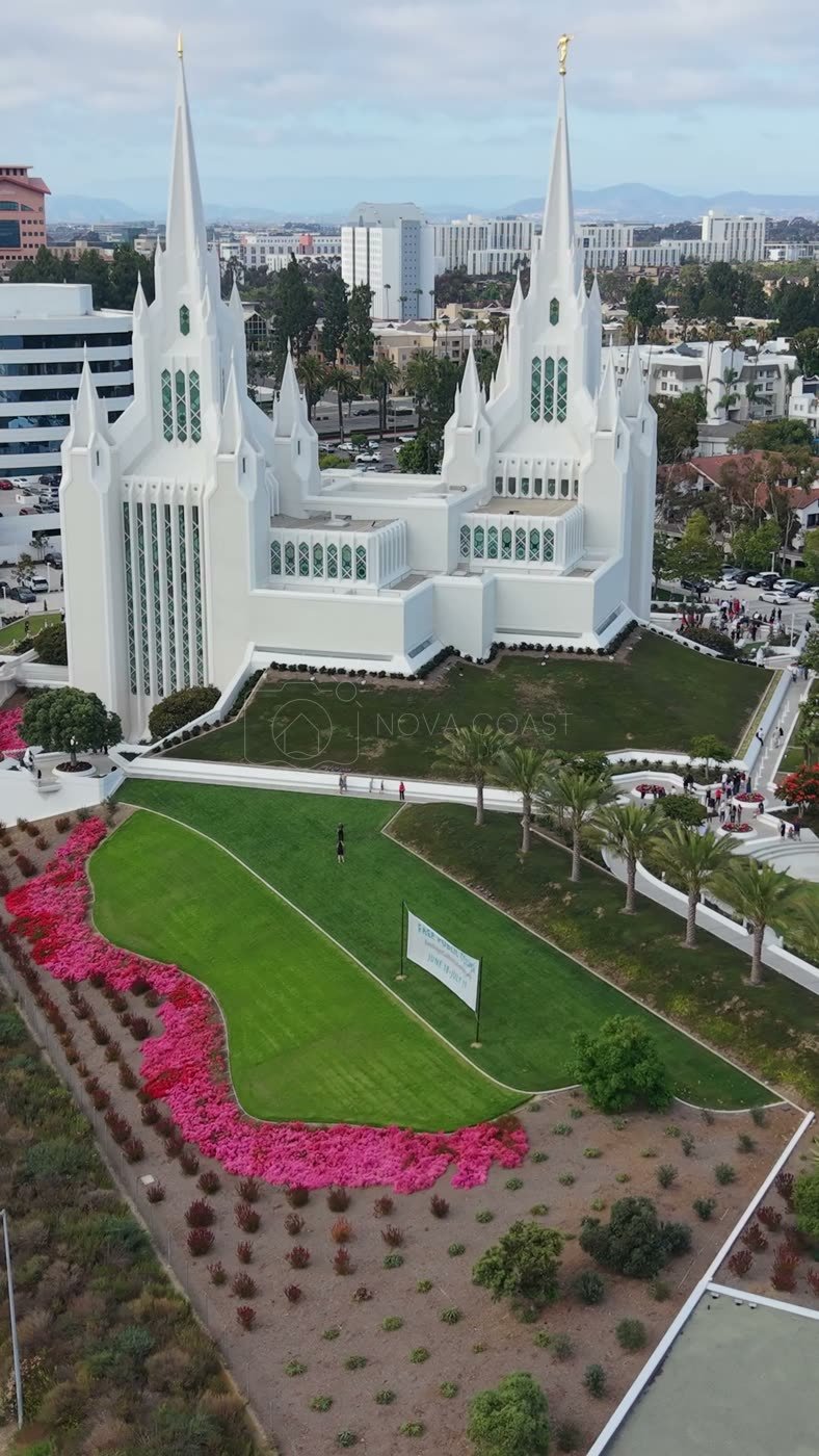 Frontal View of the San Diego California Temple’s White Spires and Grounds – Aerial View (Vertical)
