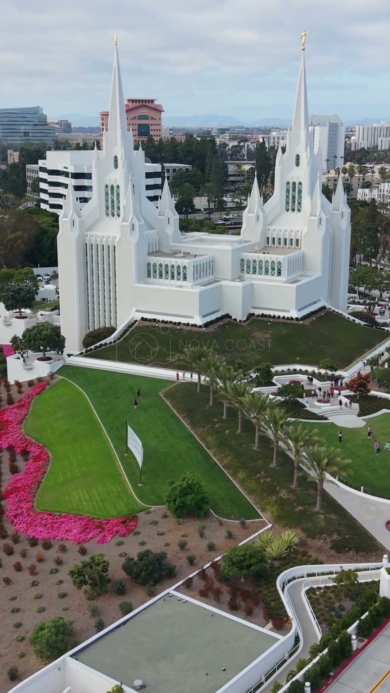 Frontal View of the San Diego California Temple’s White Spires and Grounds – Wide Establishing Frame (Vertical)