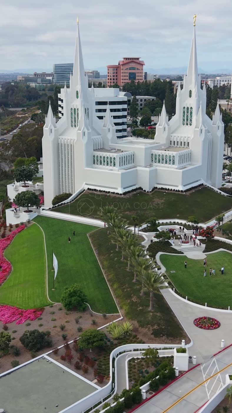 Frontal View of the San Diego California Temple’s White Spires and Grounds – Overhead Detail (Vertical)