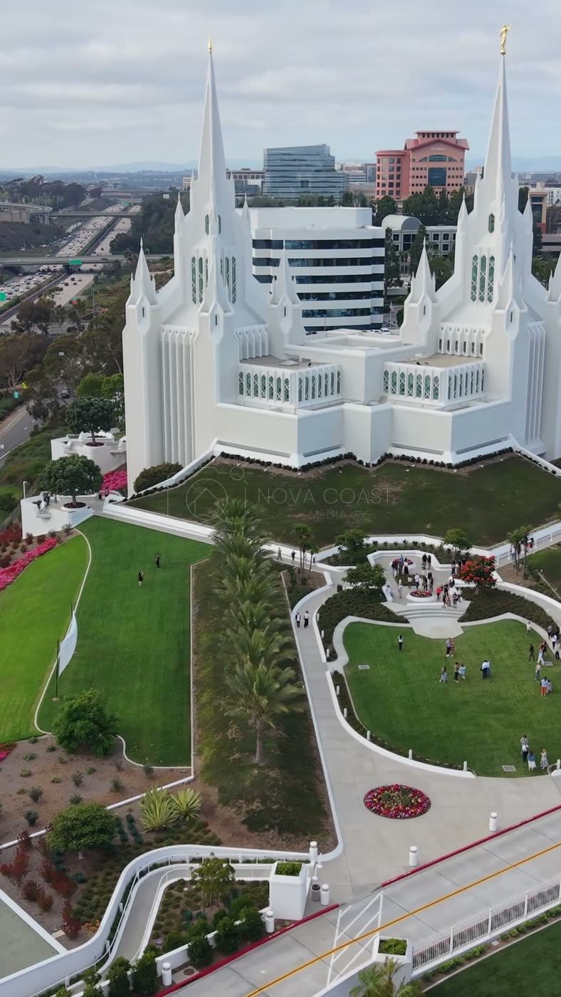 Frontal View of the San Diego California Temple’s White Spires and Grounds – Golden Hour Frame (Vertical)