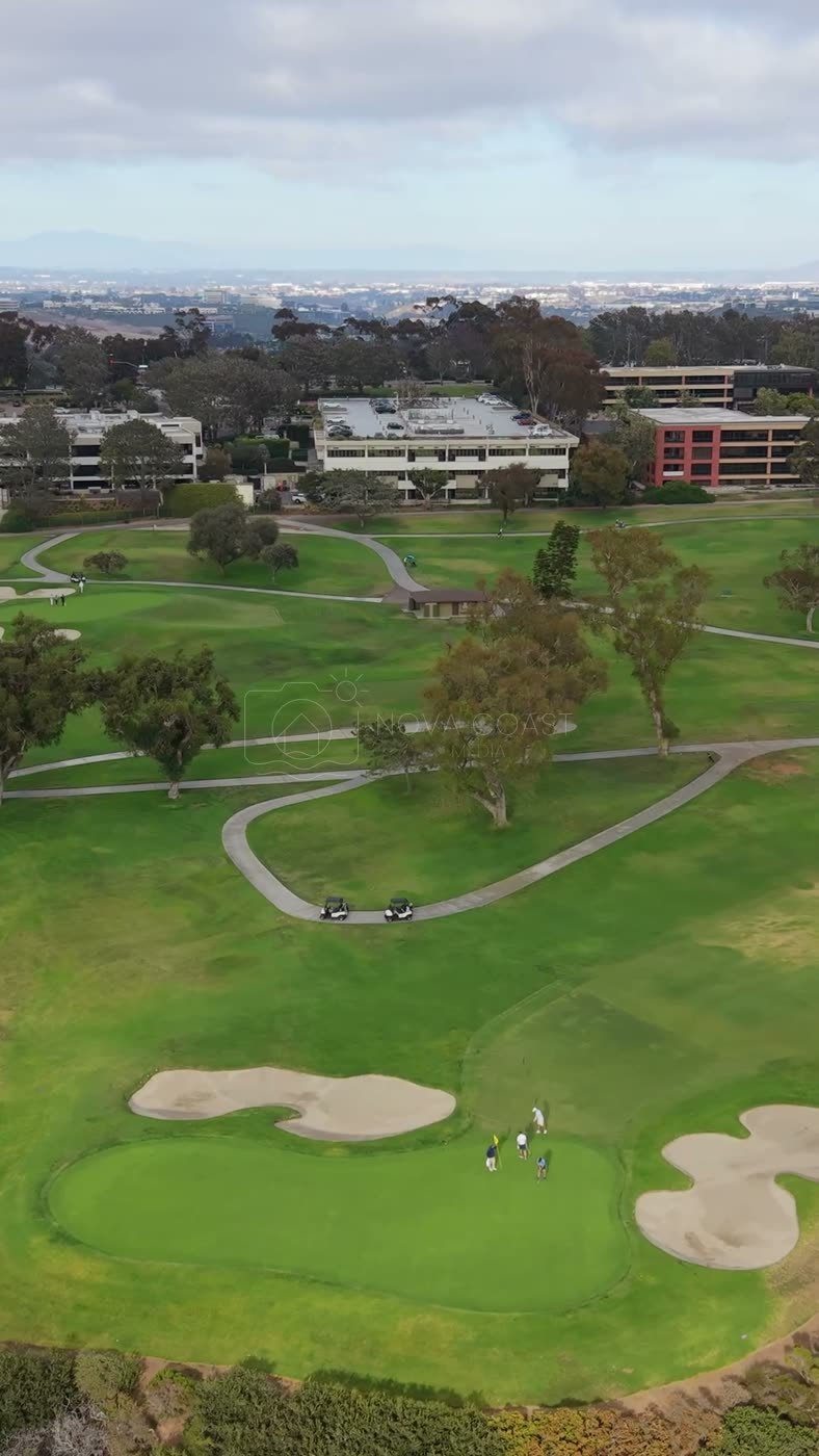 Golfers on the Green at Torrey Pines with the City Mesa Beyond – Elevated Perspective (Vertical)