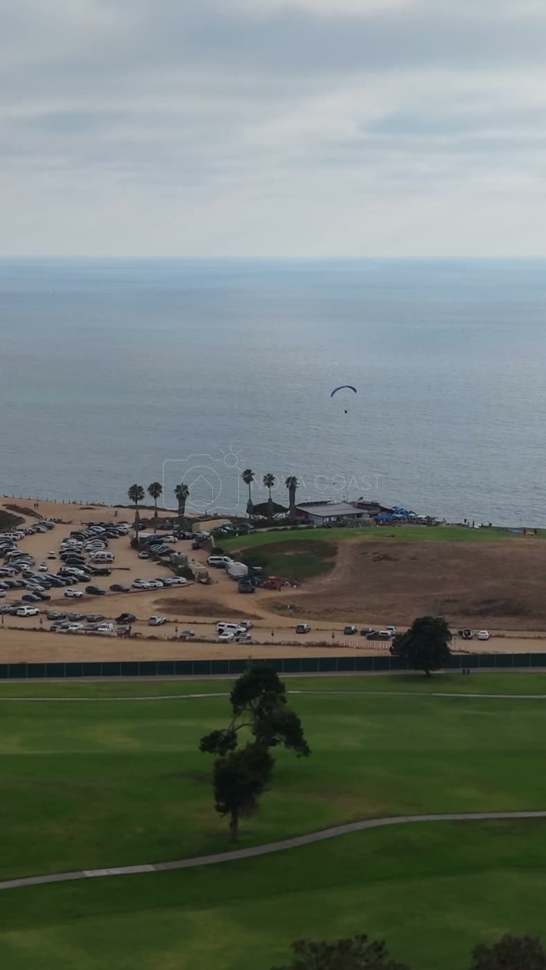 Torrey Pines Fairways with Paragliders Drifting Over the Sea – Golden Hour Frame (Vertical)