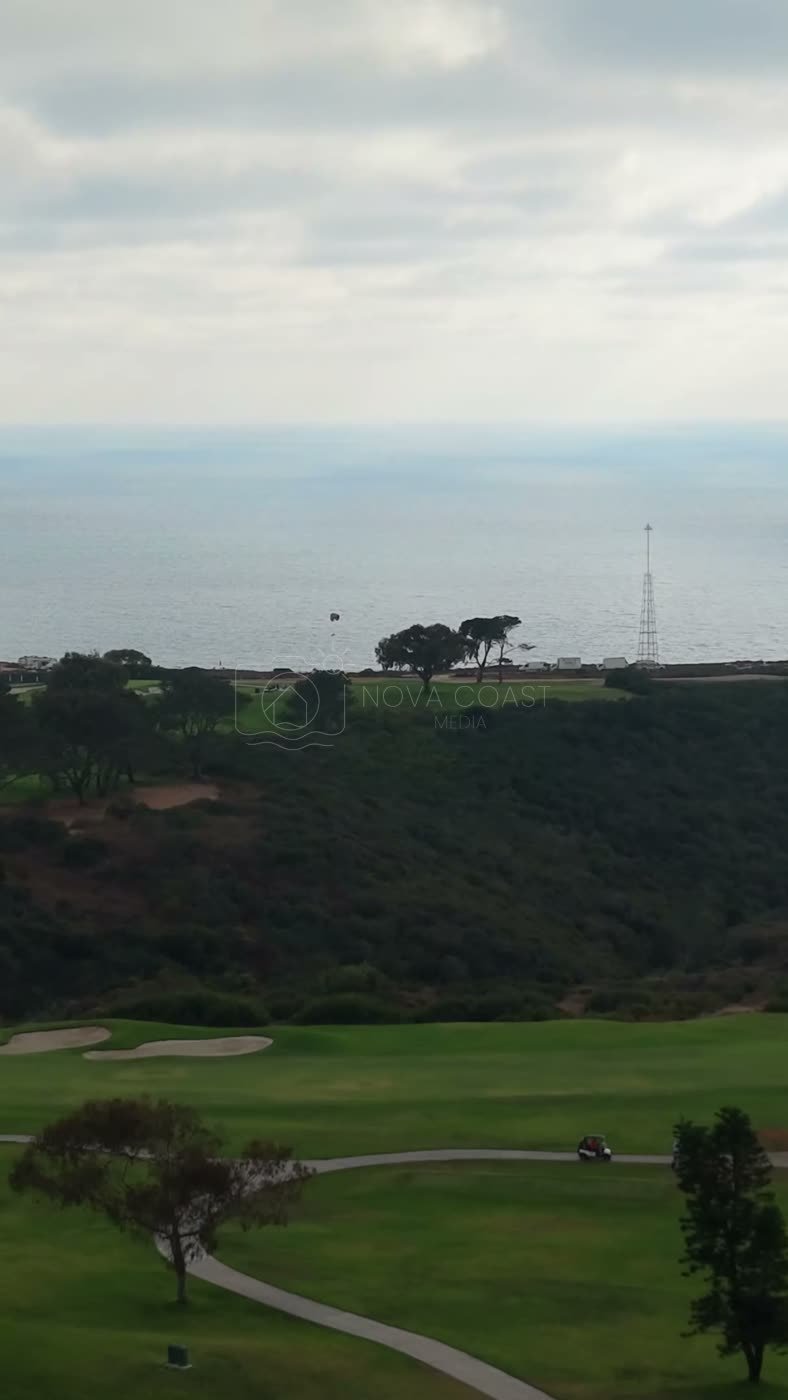 Distant Paragliders Over the Pacific Beyond Torrey Pines Fairways – Aerial View (Vertical)