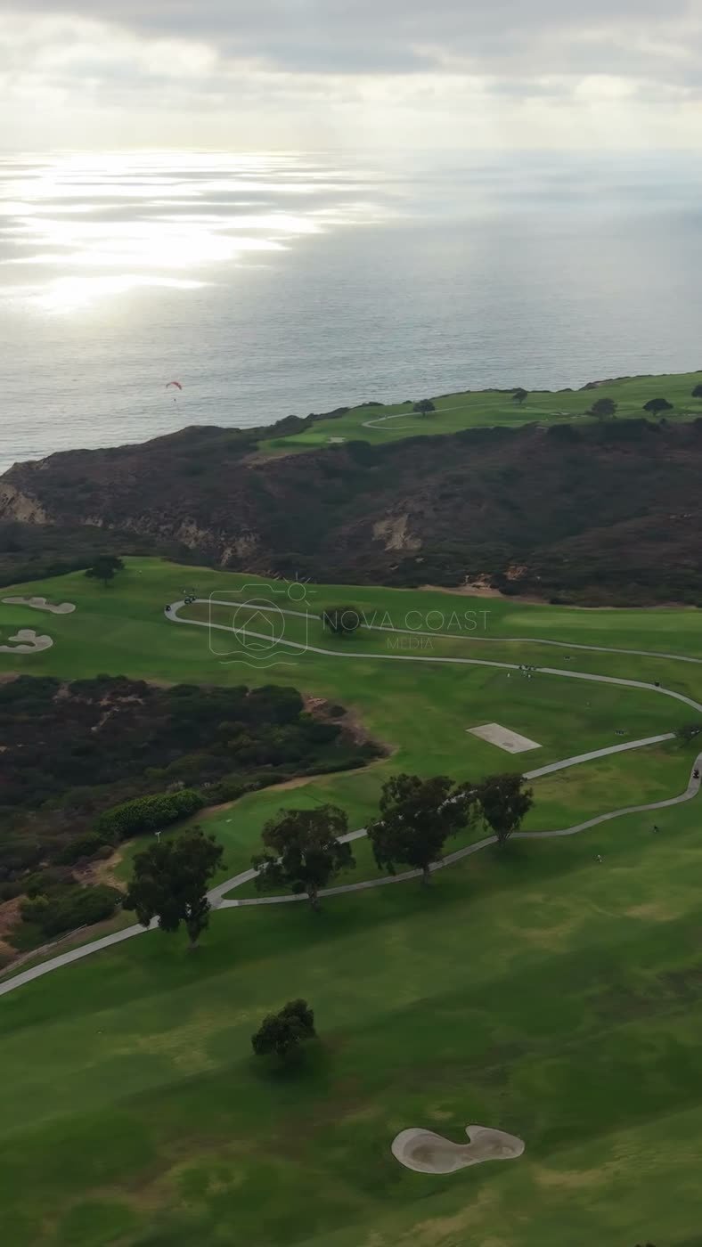 Clifftop Fairways of Torrey Pines Overlooking the Sunlit Pacific – Wide Establishing Frame (Vertical)