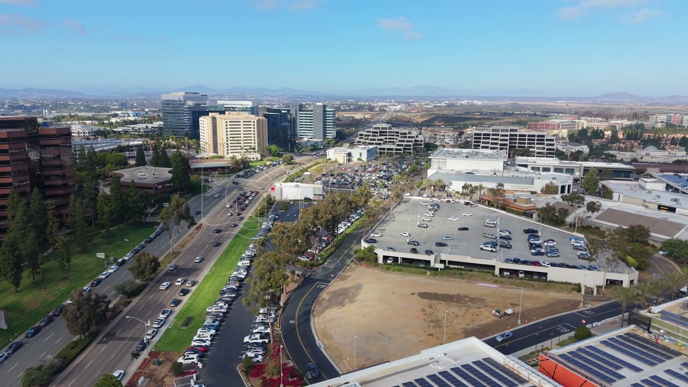 University Town Center Office Towers and Boulevard from Above – Wide Establishing Frame