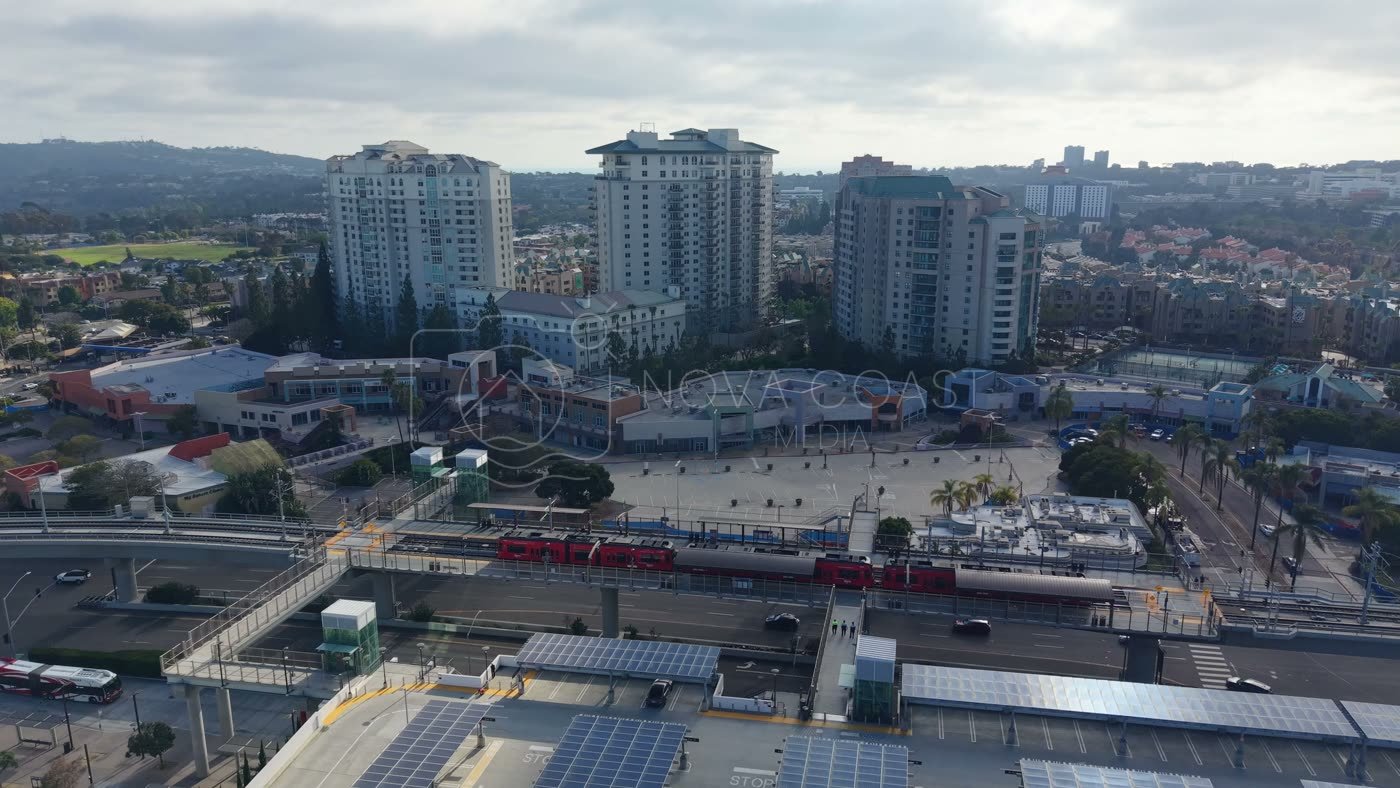 Trolley Arriving at the UTC Transit Center Below Residential Towers – Aerial View