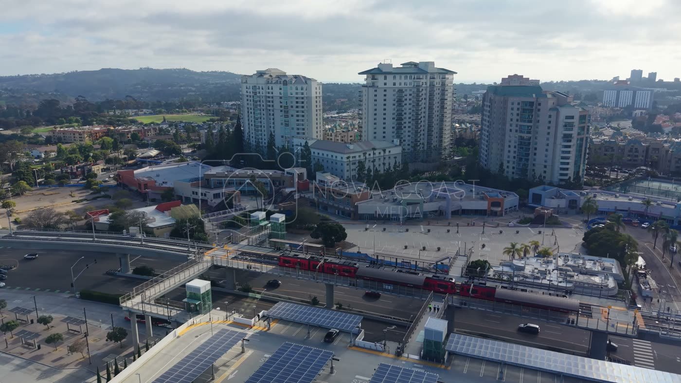 Trolley Arriving at the UTC Transit Center Below Residential Towers – Elevated Perspective