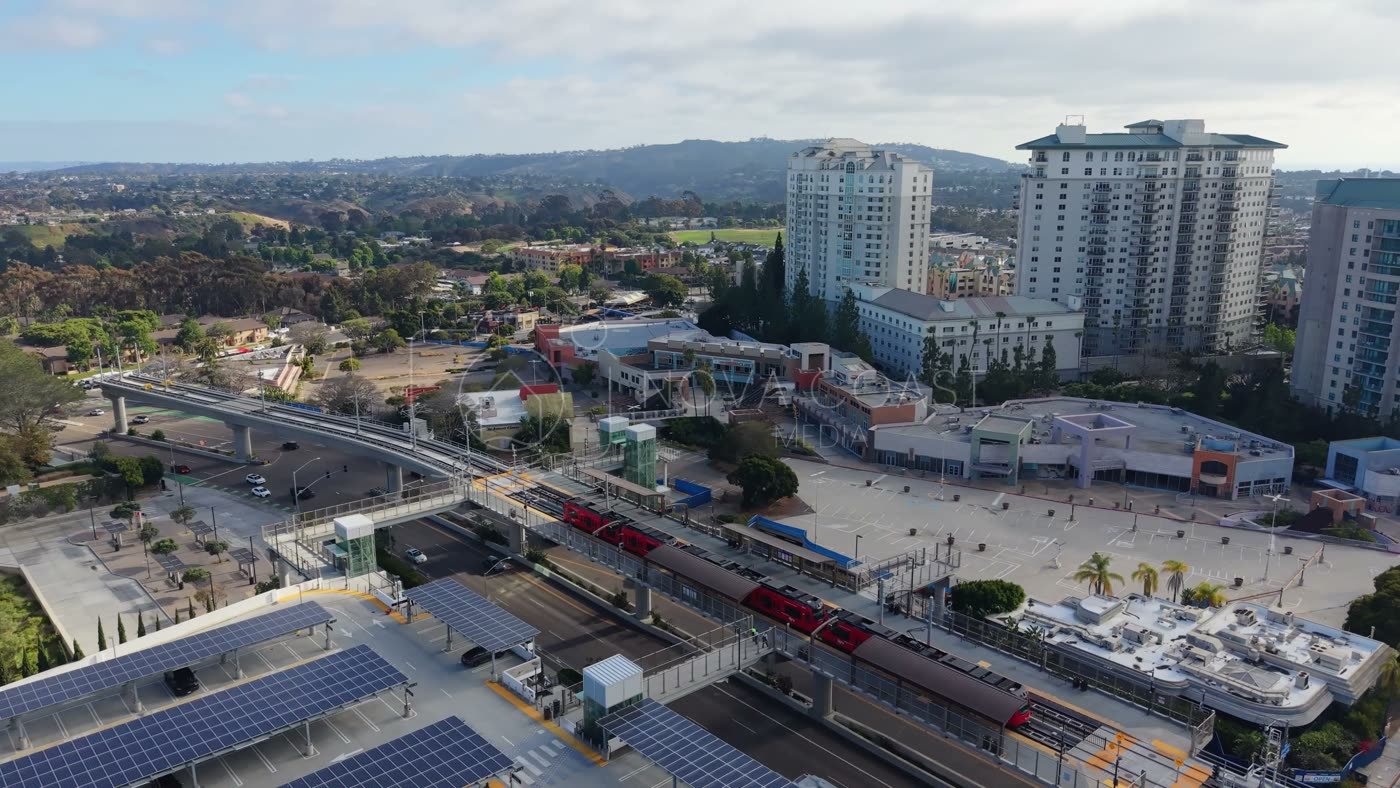 Trolley Arriving at the UTC Transit Center Below Residential Towers – Overhead Detail