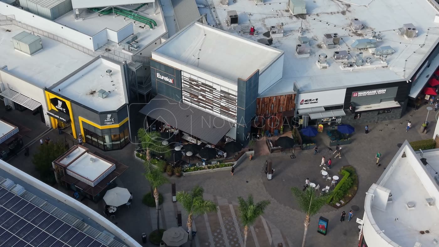 Outdoor Dining Terrace and Shops at University Town Center – High-Angle Panorama