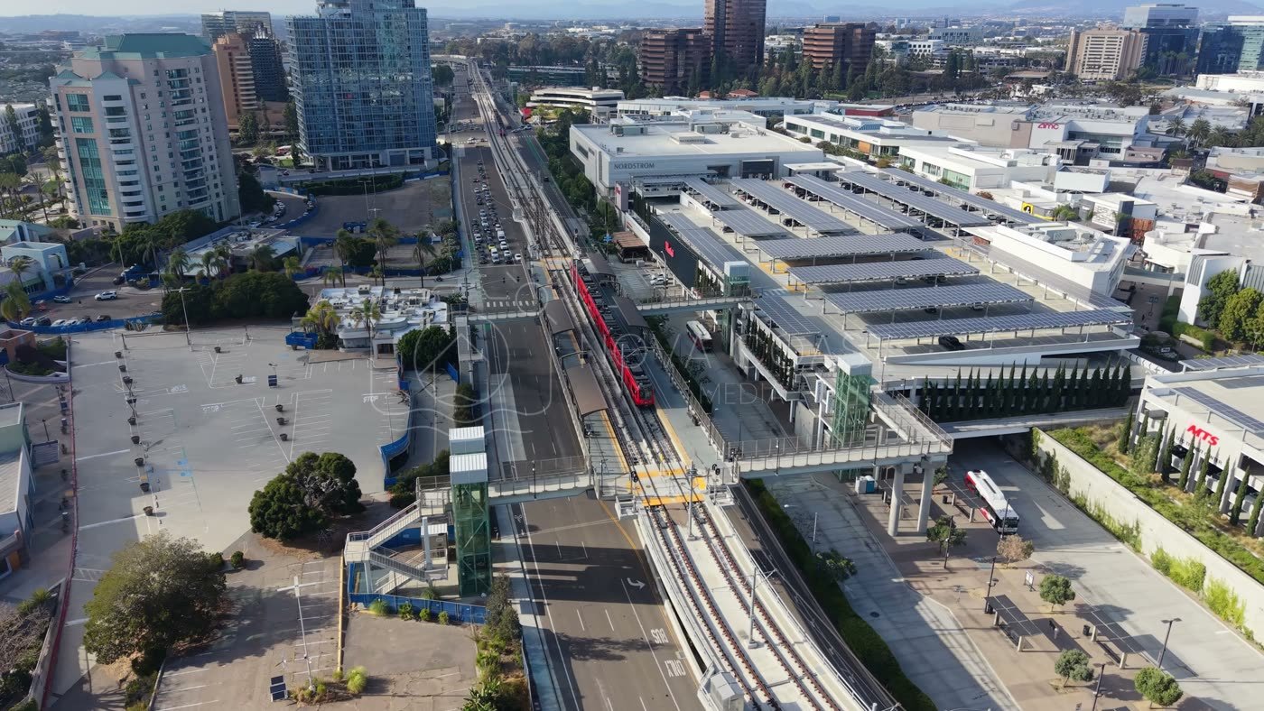 Aerial of the UTC Trolley Station and University City High-Rises – Aerial View