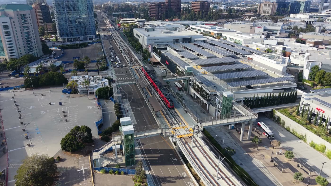 Aerial of the UTC Trolley Station and University City High-Rises – Wide Establishing Frame