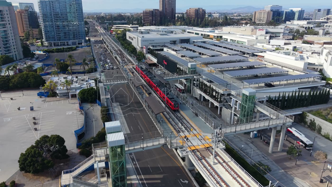 Aerial of the UTC Trolley Station and University City High-Rises – High-Angle Panorama