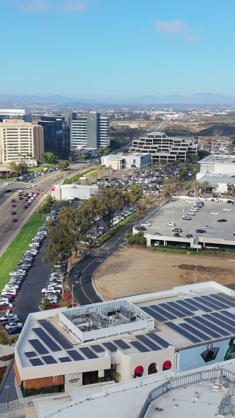 University Town Center Office Towers and Boulevard from Above – Aerial View (Vertical)