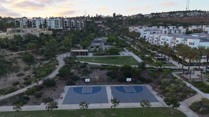Civita Park Basketball Courts Framed by Townhomes and Sunset Hills