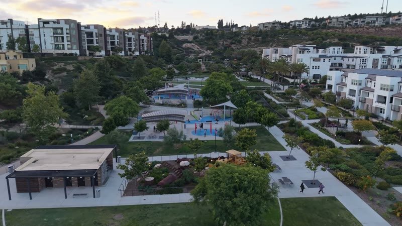 Civita Park Basketball Courts Framed by Townhomes and Sunset Hills – High-Angle Panorama
