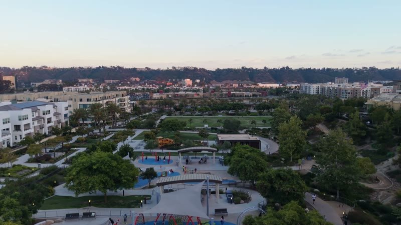Civita Park Playground and Green Space Framed by Mission Valley Hills – Elevated Perspective