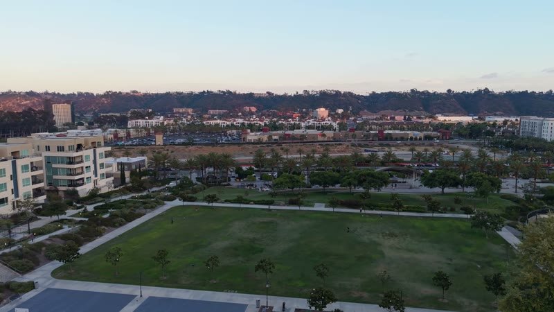 Civita Park Playground and Green Space Framed by Mission Valley Hills – Golden Hour Frame