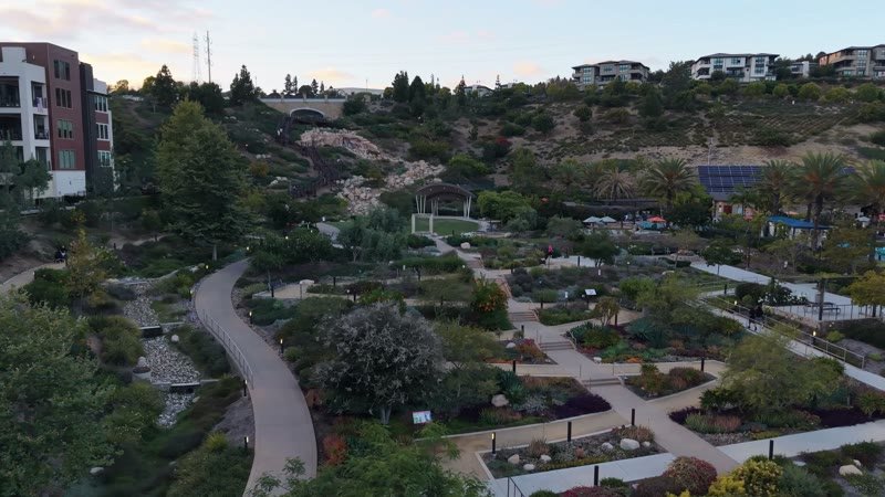 Civita Terraced Botanical Gardens and Winding Pathways at Twilight – Overhead Detail