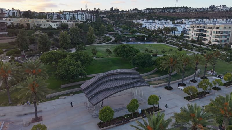 Civita Park Curved Steel Amphitheater Pavilion Above the Green – Elevated Perspective