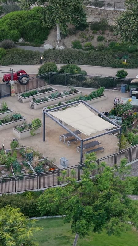 Overhead of the Civita Community Garden Plots and Shade Pavilion – Elevated Perspective (Vertical)
