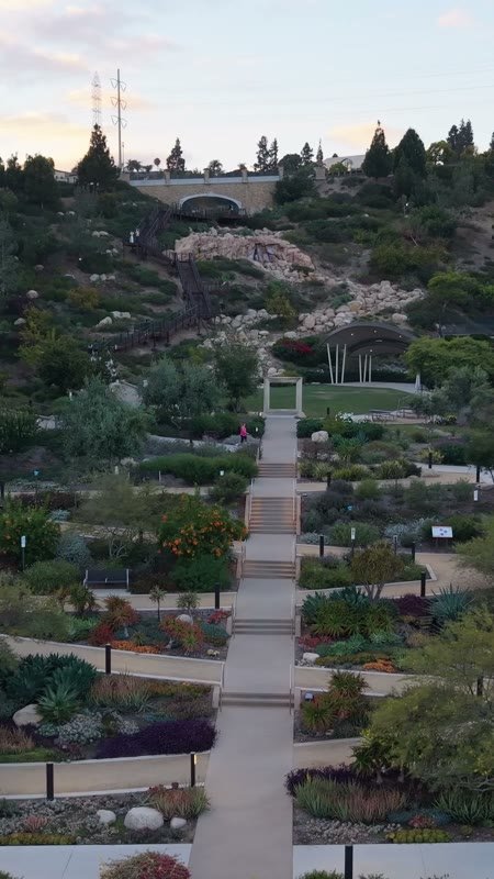 Civita Terraced Botanical Gardens and Winding Pathways at Twilight – Aerial View (Vertical)