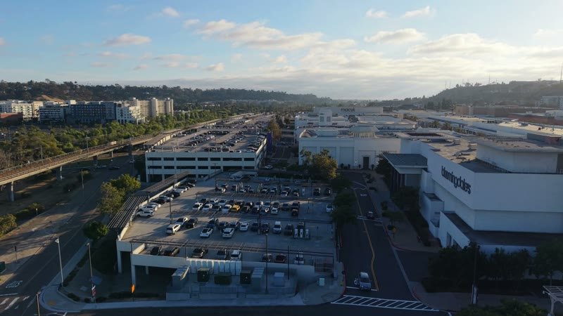 Fashion Valley Mall Shopping Complex and Trolley Line from Above – Aerial View
