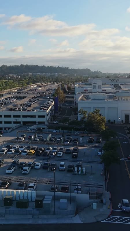 Fashion Valley Mall Shopping Complex and Trolley Line from Above – Aerial View (Vertical)