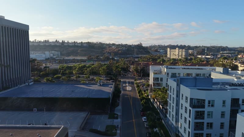 Mission Valley Streetscape with Apartments and Freeway Beyond at Morning – Aerial View