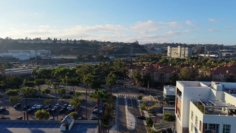 Mission Valley Streetscape with Apartments and Freeway Beyond at Morning – Wide Establishing Frame
