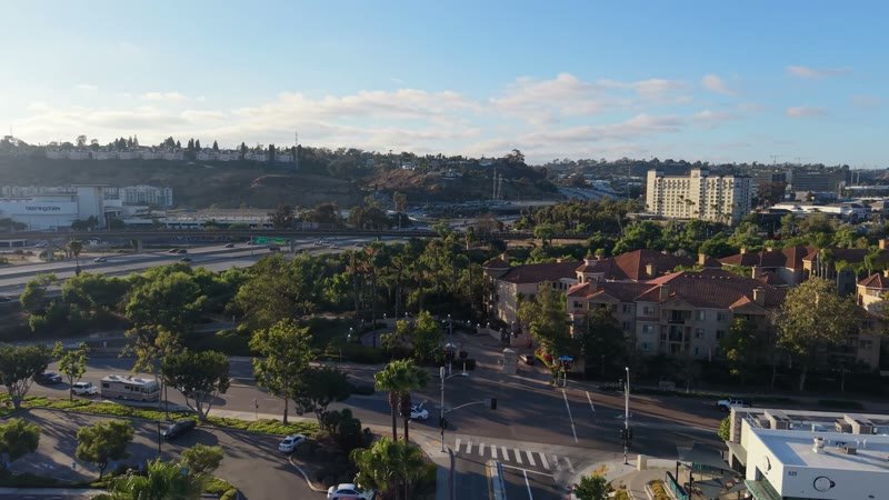 Mission Valley Streetscape with Apartments and Freeway Beyond at Morning – Overhead Detail