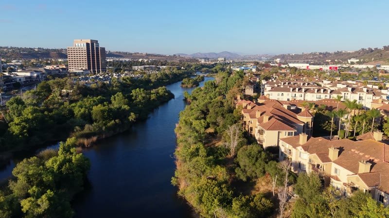 San Diego River Winding Past Riverside Townhomes in Mission Valley – Wide Establishing Frame