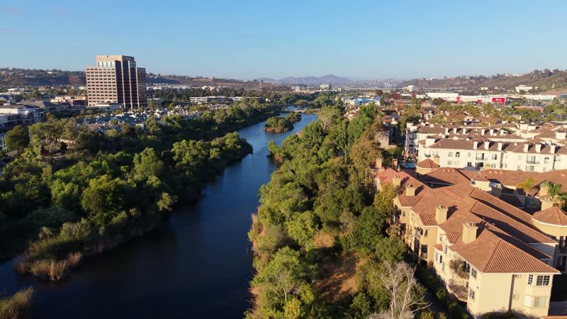 San Diego River Winding Past Riverside Townhomes in Mission Valley – Overhead Detail