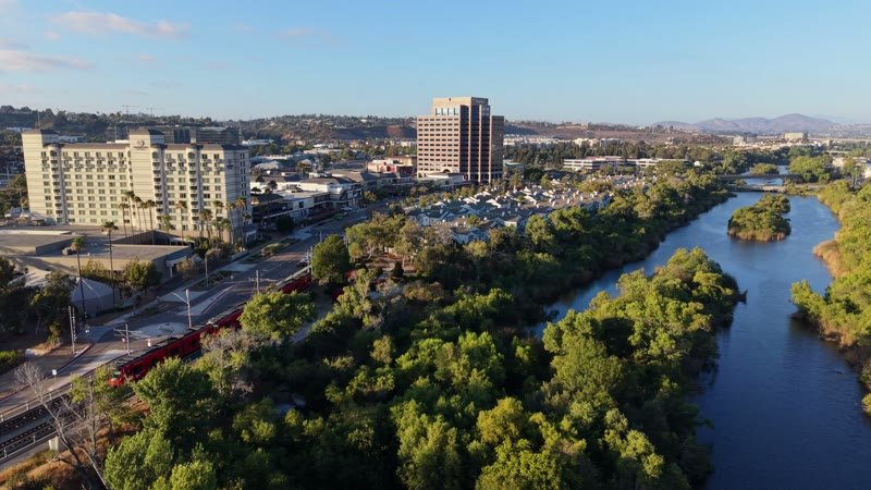 Mission Valley Hotel District and Trolley Along the San Diego River – Aerial View